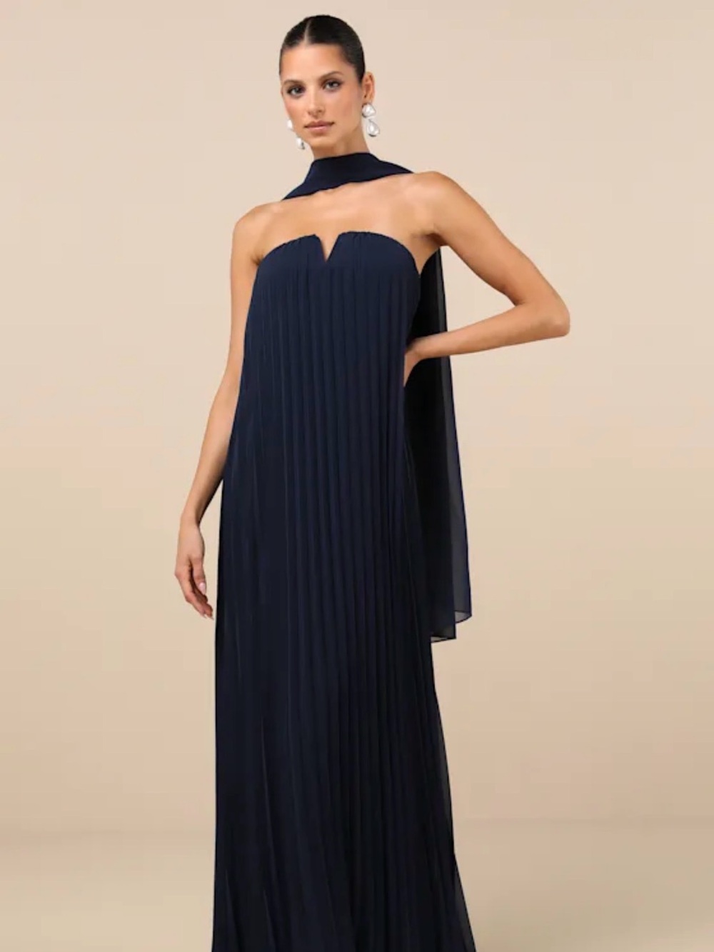 Lulu's Navy Strapless Pleated Maxi Dress with Neck Scarf
